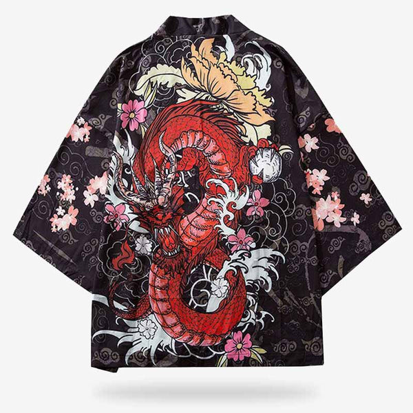 Veste haori kimono dragon homme avec un motif japonais fleur de lotus