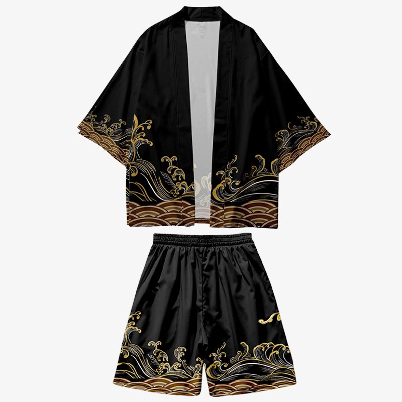 Kimono noir ete japon avec un motif de vagues japonaises
