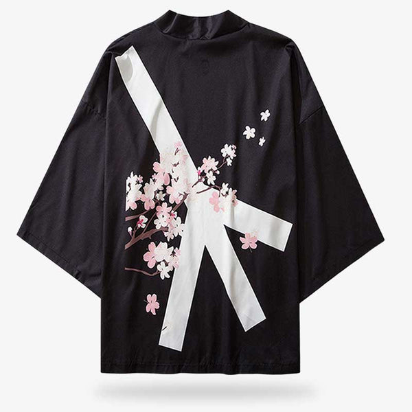 Un kimono fleuri homme de couleur noir avec un motif japonais de fleurs de cerisiers Sakura
