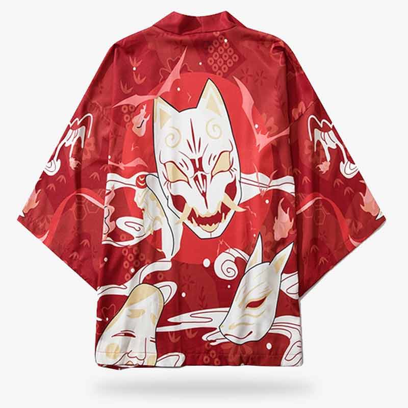 La veste kimono kistune avec un design de masque japonais, masque renard, masque no