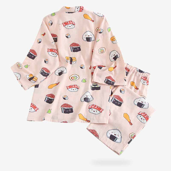 Un kimono pyjama japonais avec des symboles de sushi, maki, teryaki et plats asiatiques