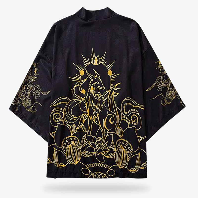 Un Kitsune kimono noir avec un design de renard japonais et des fleurs de lotus: 