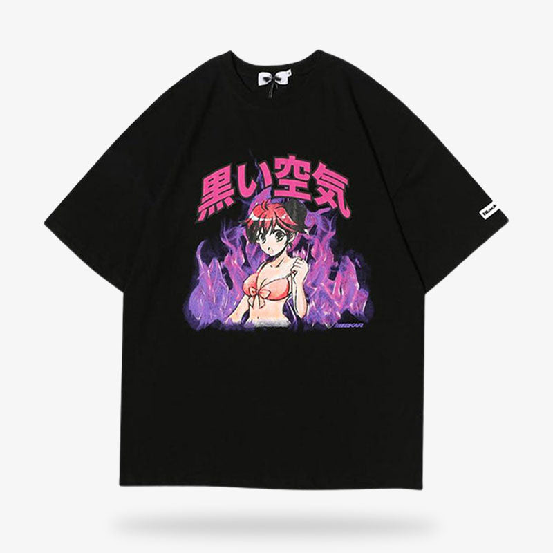 Cet habit noi est un manga t-shirt femme dans un style japonais urbain et streetwear