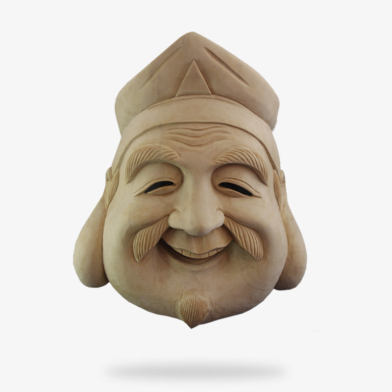 Ce masque bois japonais est un visage de vieil homme aux joues  joufflues