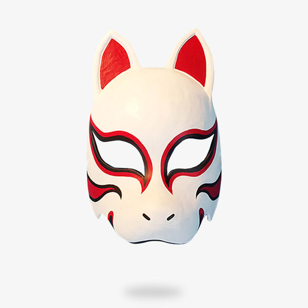 Ce masque de kitsune est un masque japonais de renard. Accessoire peint à la main avec du rouge, du noir et du blanc