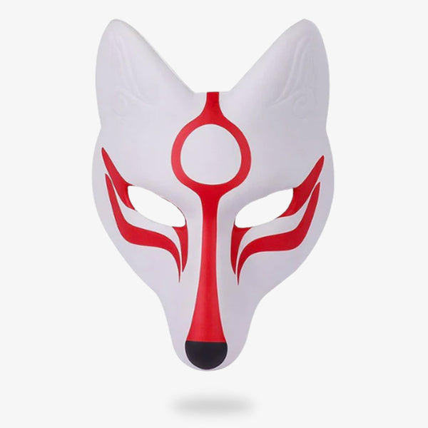 Ce masque japonais kitsure représente le démon renard avec des trait de peinture rouge sang