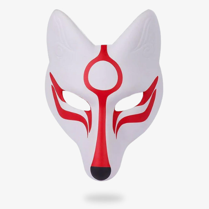Ce masque japonais kitsure représente le démon renard avec des trait de peinture rouge sang