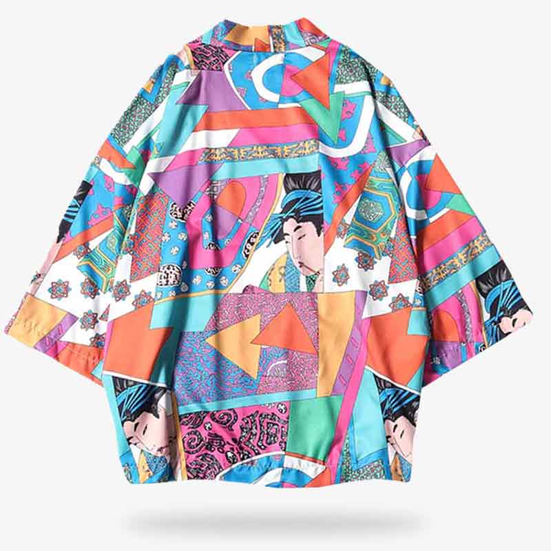 Veste kimono Montsuki Haori imprimé avec dessin geisha style ukiyo-e