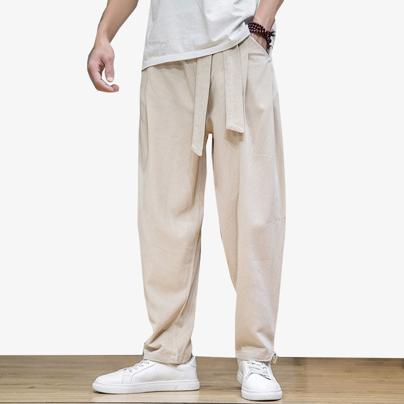 Pantalon japonais homme kaki avec ceinture obi nouée