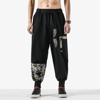 Cet habit noir est un pantalon traditionnel homme. Ce bas est cousi avec des motifs de dragons japonais et le symbole seigaiha du pays du soleil levant