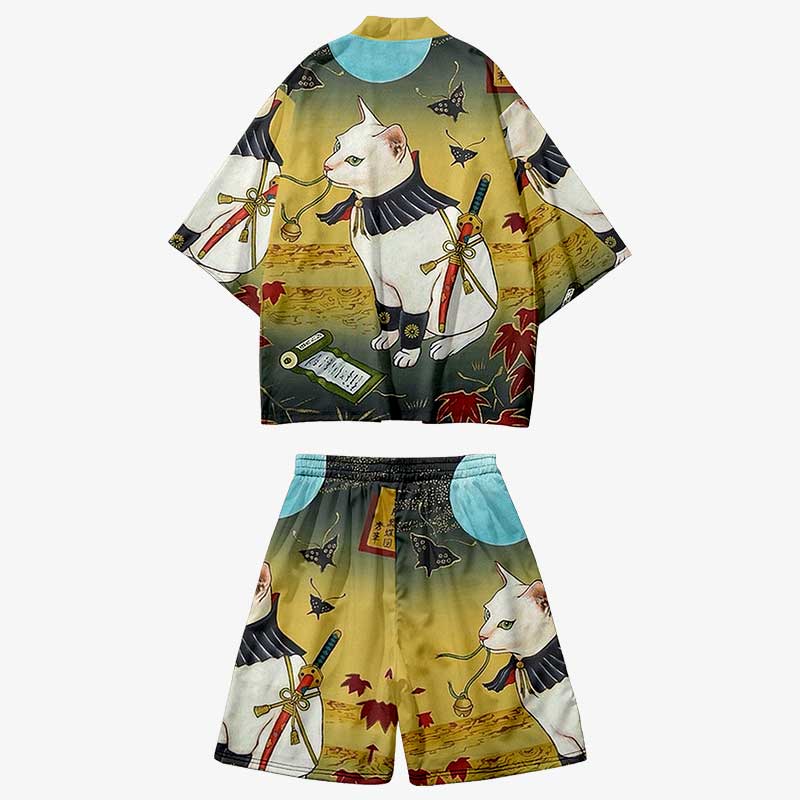 Ensemble Short Kimono anime japonais avec un motif de chat samourai maneki neko blanc