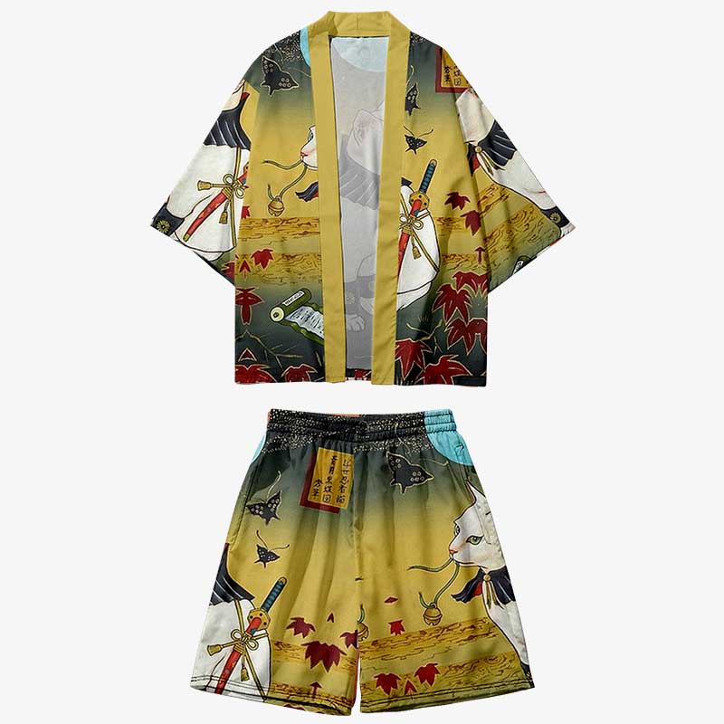short kimono anime avec un chat maneki neko imprimé