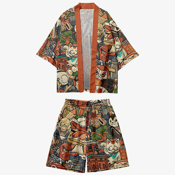 Short kimono cardigan japonais coloré avec des motifs traditionnels japonais