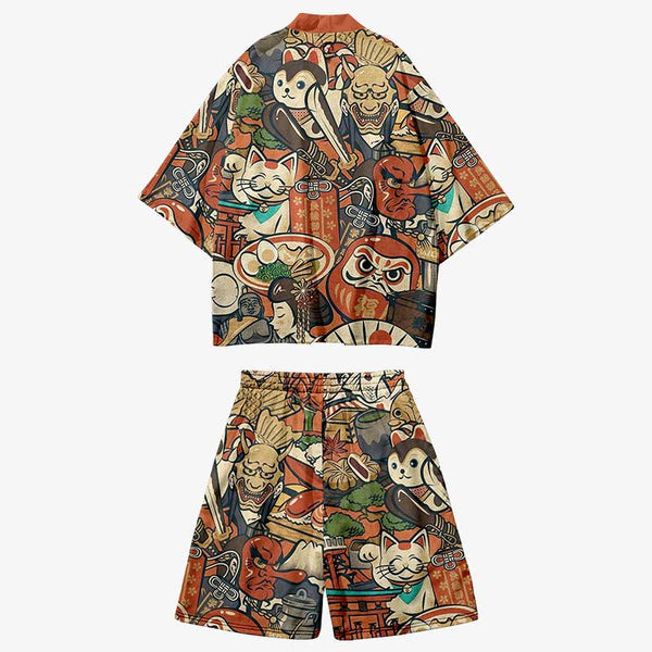 Short kimono cardigan avec des motifs japonais traditionnels imrprimés en couleur