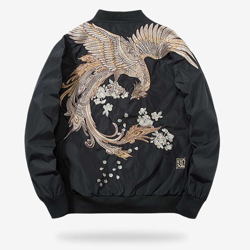 Cette veste bomber japonais est un sukajan phoenix avec une broderie sur le dos