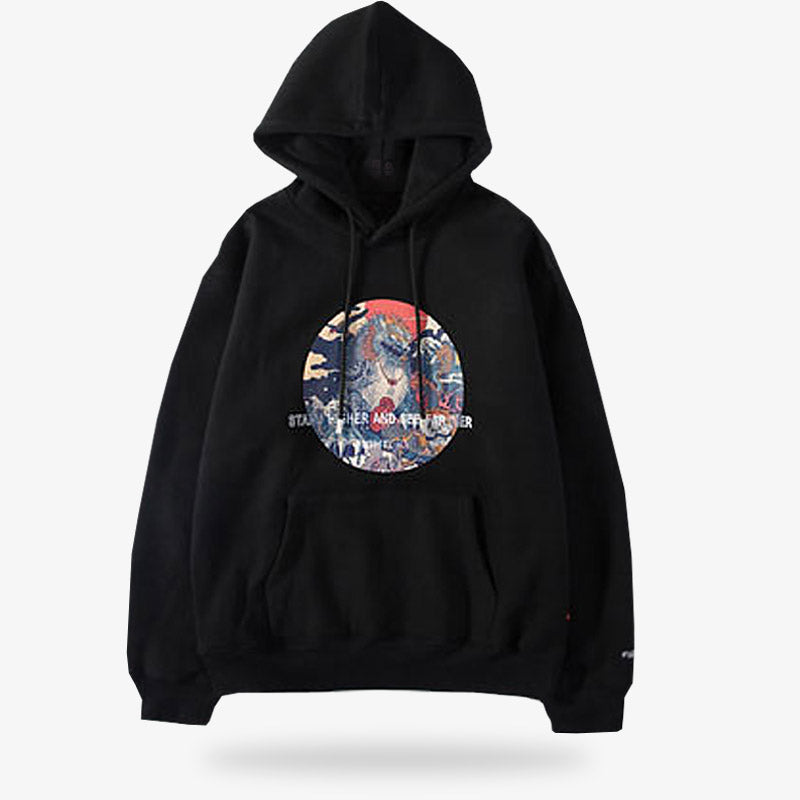 Ce sweat shirt motif japonais est de couleur noire. Le hoodie est imprimé avec un motif yokai Komainu