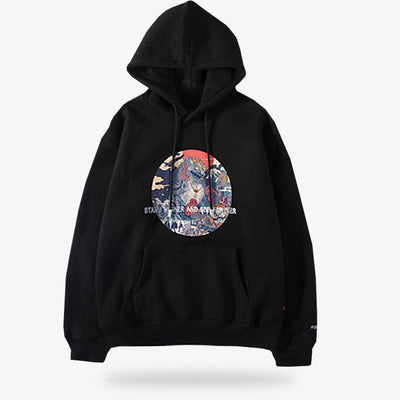 Ce sweat shirt motif japonais est de couleur noire. Le hoodie est imprimé avec un motif yokai Komainu