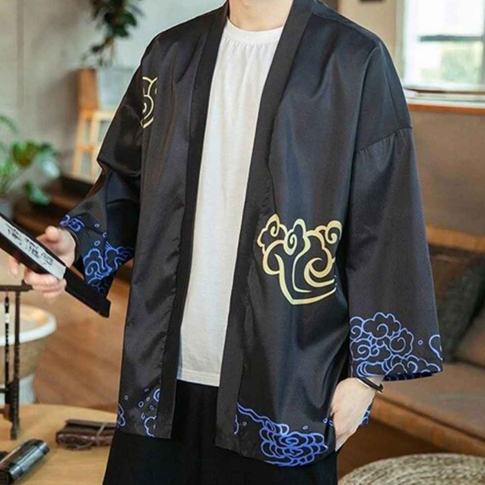Veste haori motifs grues tsuru et kanji