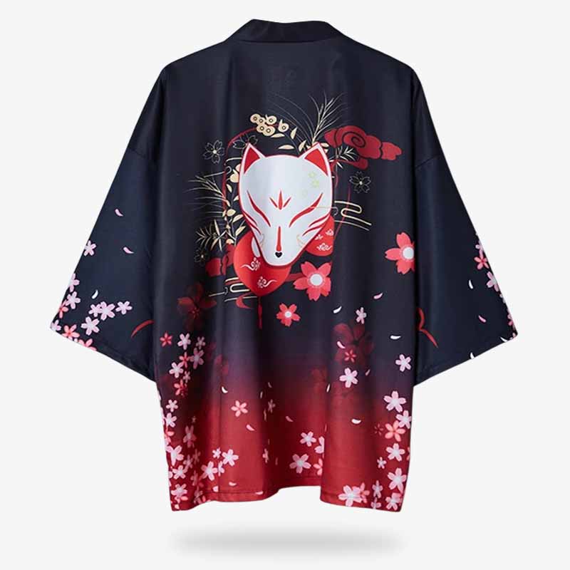 une veste kimono femme chic avec un motif japonais de kitsune et des fleurs de cerisiers japonais sakura