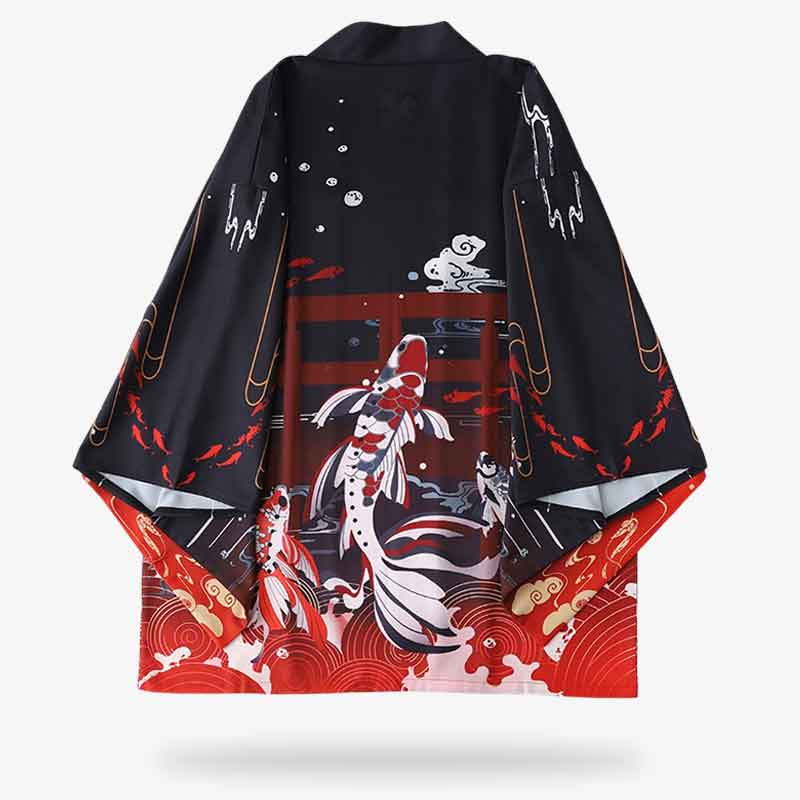 Une veste kimono noir femme avec un motif de carpe koi imprimé sur le dos de la veste décontractée et intemporelle